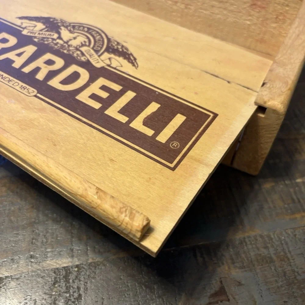 Vintage Ghirardelli Chocolate Wooden Box Slide Opening Pine Candy Logo